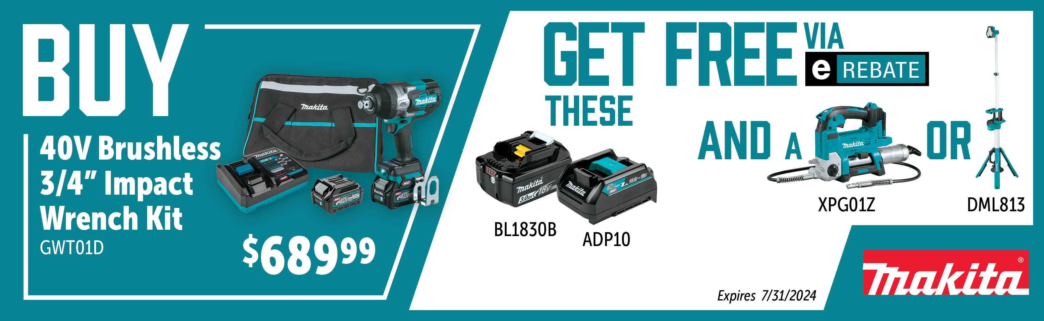 Makita May - July: Buy a GWT01D and Get Your Choice of a Free XPG01Z, BL1830B and ADP10 OR DML813, BL1830B, and ADP10 Via E-Rebate